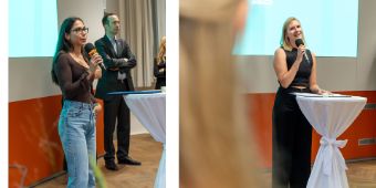 Bei der Semestereröffnung: Basak Cosgun (Vorstellung der StuPoli) und Luisa Johanna Bathe (Studierendenvertretung).