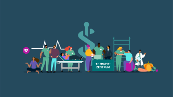 Das Bild zeigt Therapeutinnen und Therapeuten verschiedener Disziplinen im Patientenkontakt.